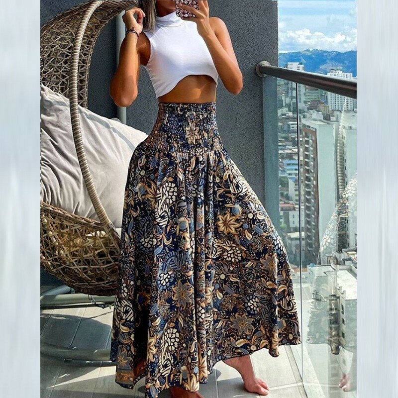 Rok motif Boho Musim Panas 2024 untuk wanita rok pinggang tinggi elastis kasual A-line gaun panjang ayunan besar jubah rok pesta pantai liburan