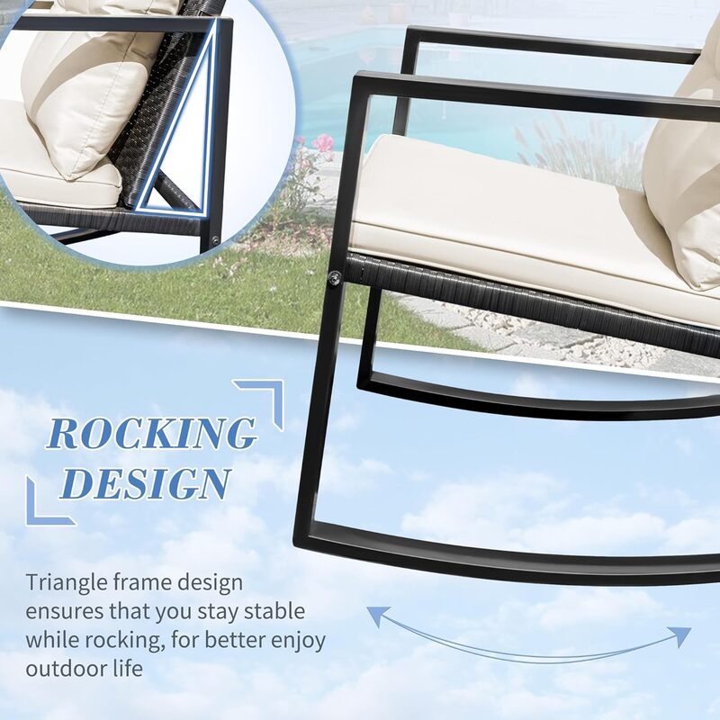 Wicker Rocking Outdoor Bistro Set, Cadeiras do pátio, Coffee Table e Almofadas, 3 pcs