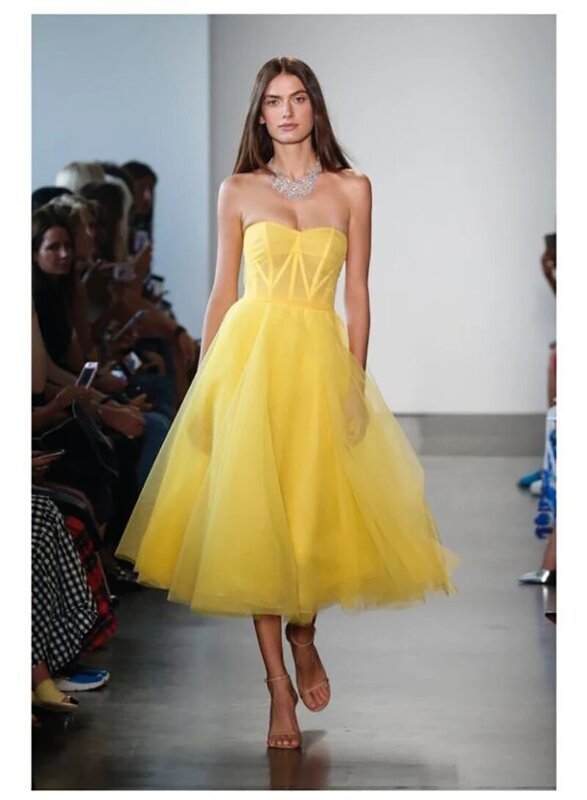 Prosta suknia wieczorowa krótka formalna suknia wieczorowa żółta Organza i tiulowa suknia Abiye Gece Elbisesi