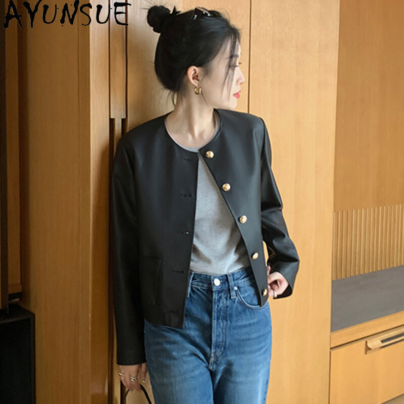 AYUNSUE 여성용 가죽 재킷, 양가죽, O넥, 싱글 브레스트, 짧은 파란색, 노란색, 레저, 다목적