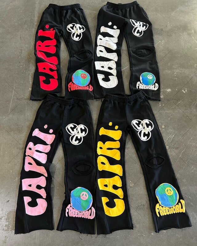 Amerykańska ulica Hip-hopowe haftowane spodnie z szerokimi nogawkami męskie główna ulica modne spodnie do podłogi luźne spodnie z dzianiny w stylu Casual
