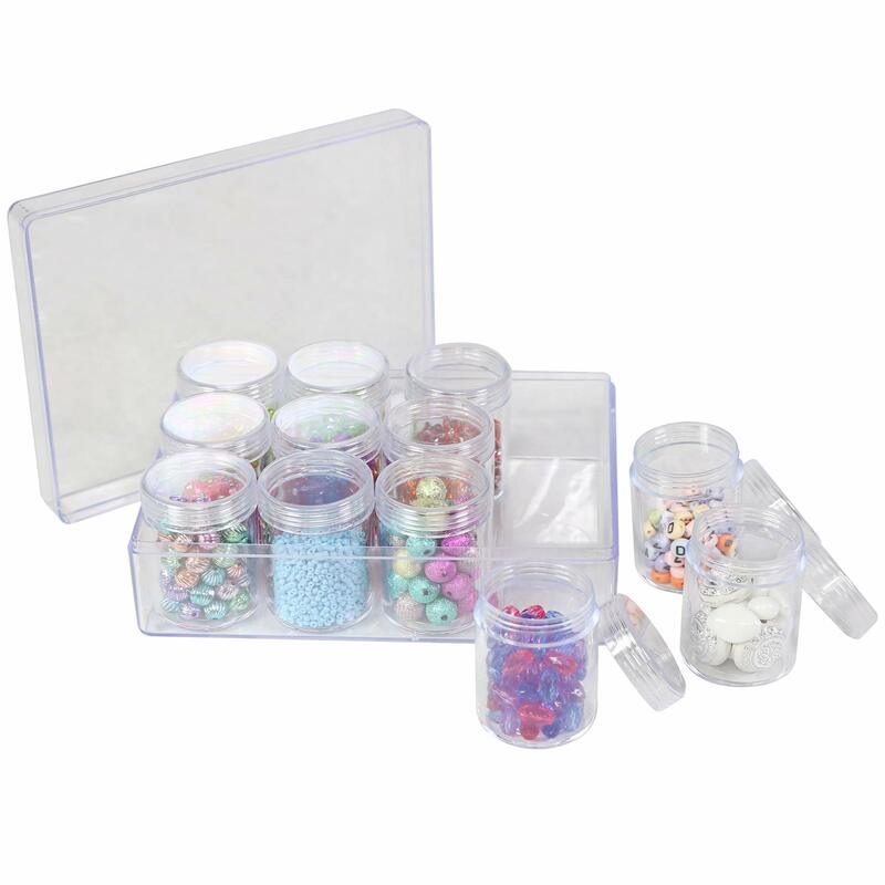 Caixa de armazenamento de grânulos de plástico 12 frascos removíveis e empilháveis, organizador claro, armazenamento para contas grandes, pequenas, mini e minúsculas, 21814