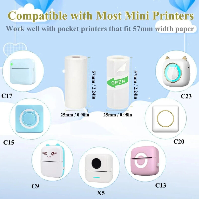 Mini papel de impressora térmica portátil, papel autocolante para vários, 57x25mm, 16 rolos