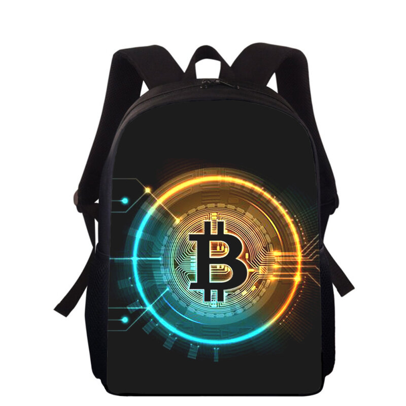 Ransel anak laki-laki dan perempuan, tas punggung anak sekolah dasar motif 3D, mata uang Bitcoin 15"
