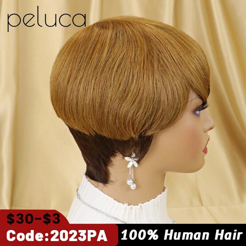 Peluca de cabello humano brasileño para mujer, postizo de encaje con corte Pixie corto, color ombré, Rubio, marrón, miel, liso