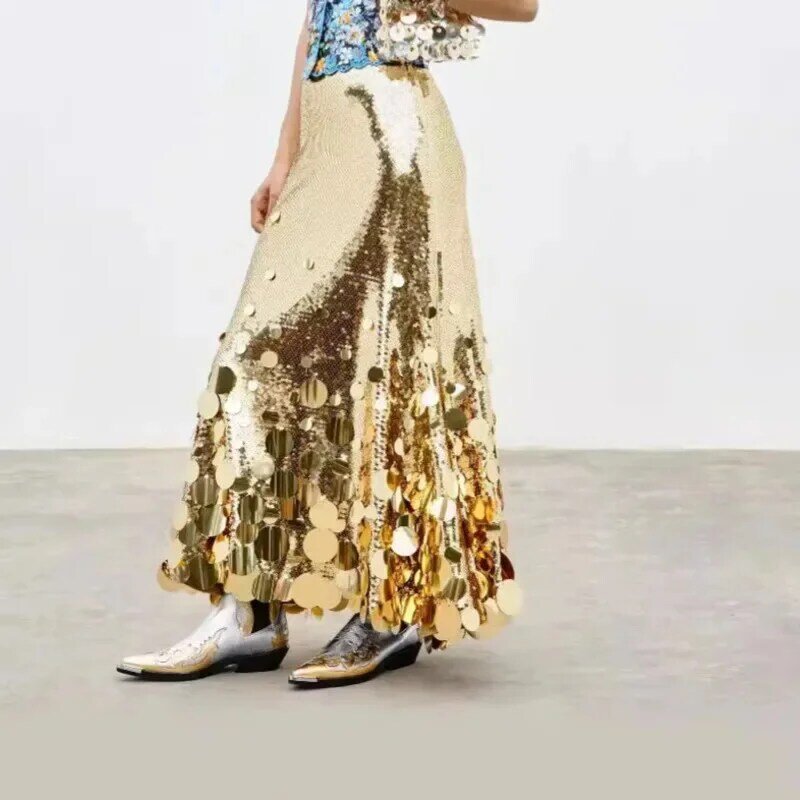 Falda holgada de cintura alta con lentejuelas para mujer, ropa de calle elegante de lujo, estilo de moda, primavera y verano, 2024