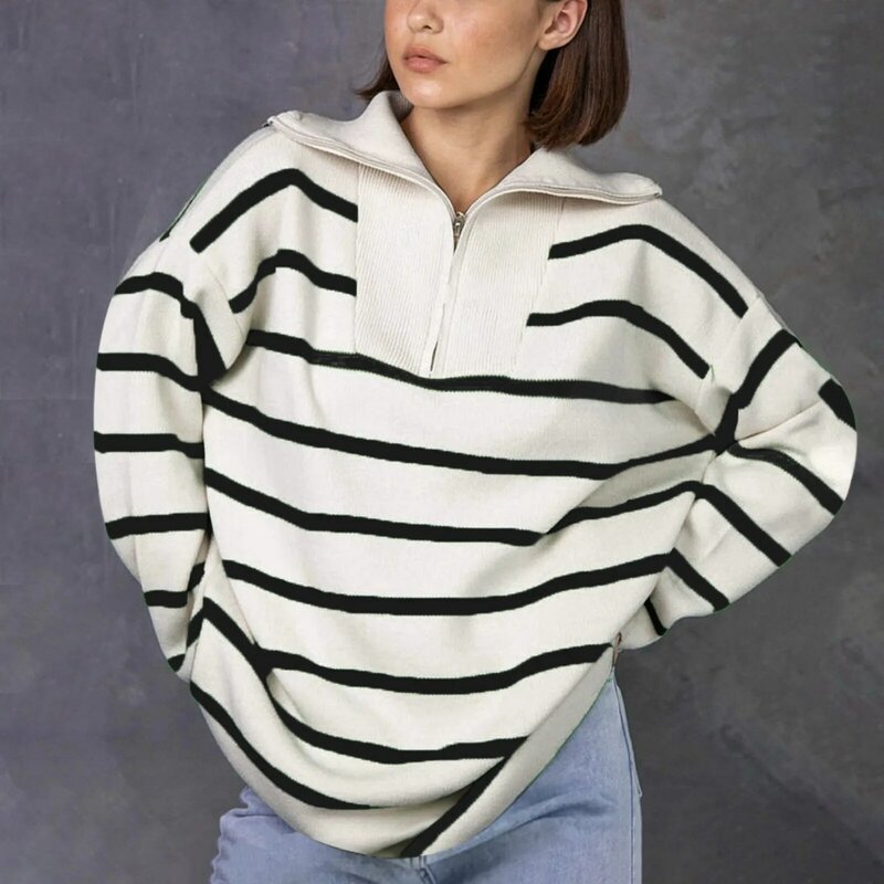 Женский свитер с отложным воротником, повседневный Полосатый пуловер составного кроя с длинным рукавом, Осень-зима 2023