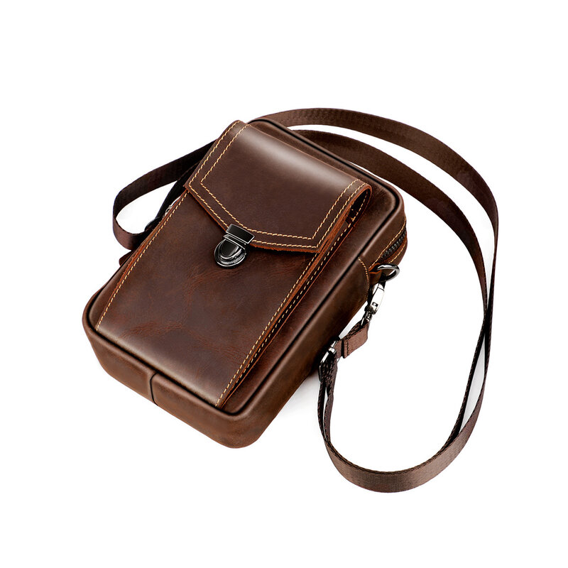 Men's Retro Waist Bag Genuine Leather Waist Pack Belt Hanging Mobile Phone Bags Male Shoulder Messenger Bag Solid Color
