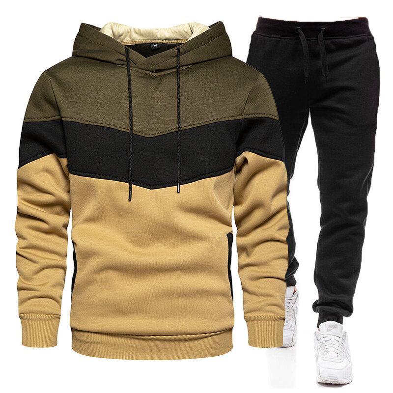 Autumn and winter warm hooded Sweatshirt+trousers suit Men's hooded patchwork sweater 2-piece pullover Hoodie Sportswear suit
