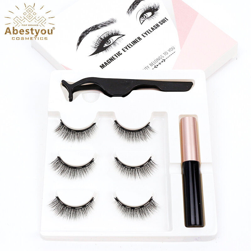 Abestyou-Kit de cils magnétiques 3D, 3 paires, yeux de chat, faux eye-liner imperméable, outil de maquillage, pince à épiler