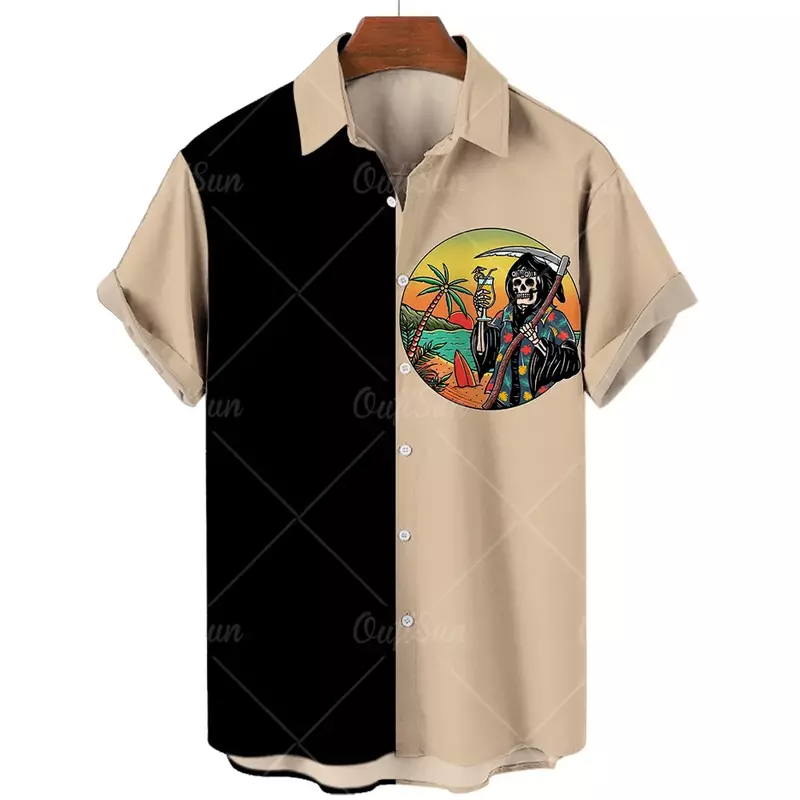 Мужская Повседневная рубашка с коротким рукавом, летняя гавайская рубашка в Корейском стиле с 3D-принтом черепа, импортная Одежда большого размера в стиле Харадзюку