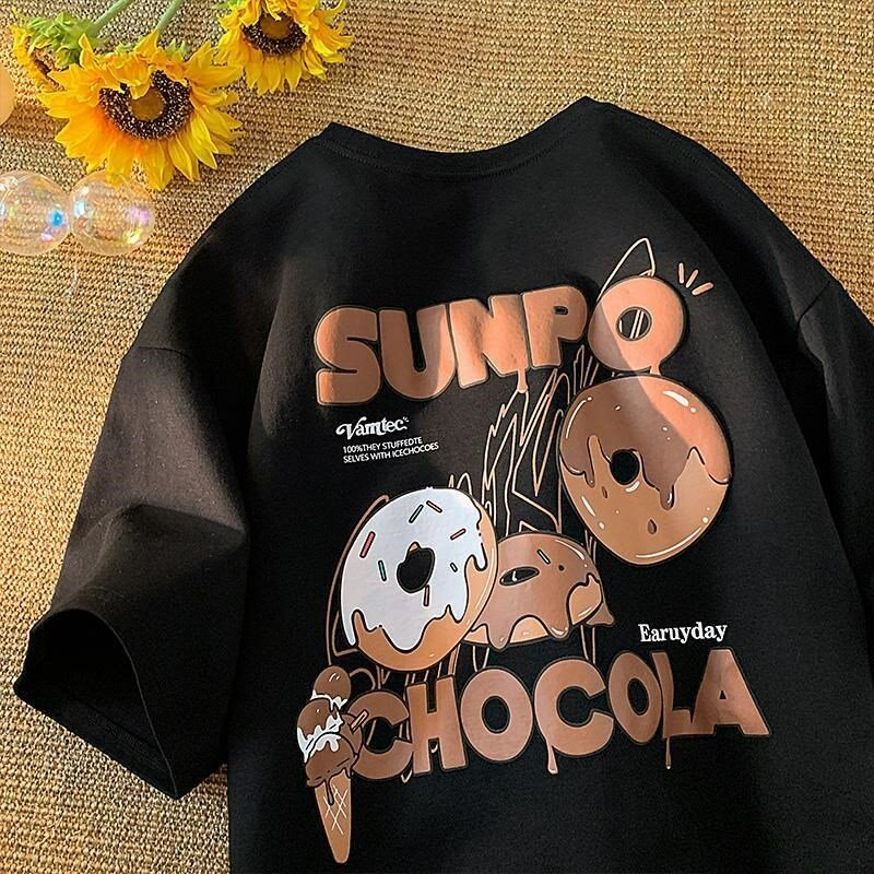 T-shirts d'été créatifs à manches courtes pour hommes et femmes, dessin animé donut, ample, décontracté et polyvalent