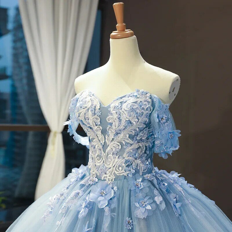 Синие пышные платья; Новинка; Классическое платье принцессы для выпускного вечера с открытыми плечами; Бальное платье с кружевной аппликацией и маленьким шлейфом; Индивидуальный размер