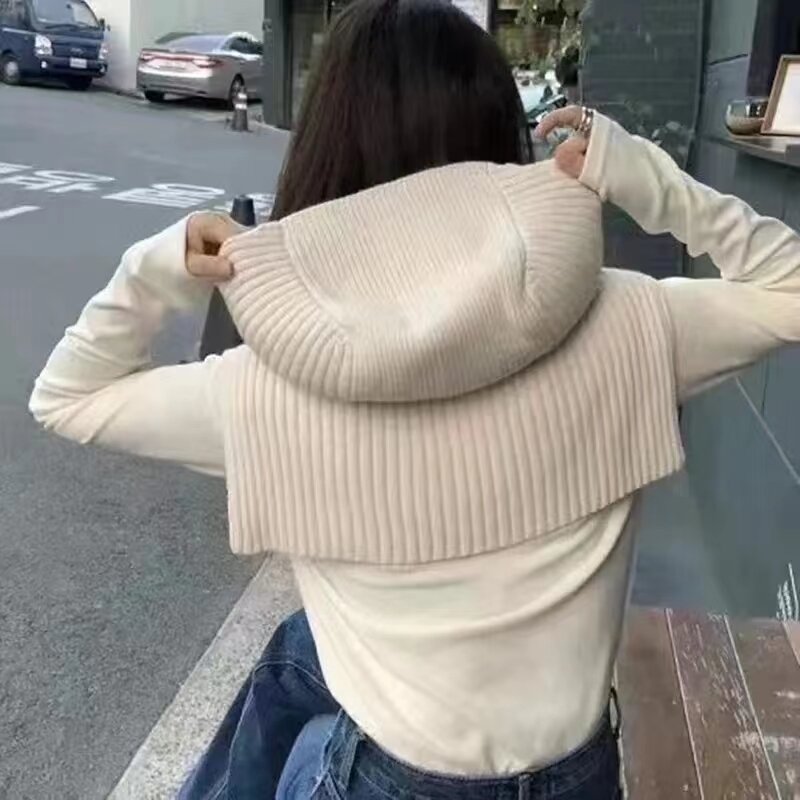 Korean Scarf For Women In Winter New Fashion Outerwear Hooded Pullover High Neck Scarf Knitted Top Shawl New