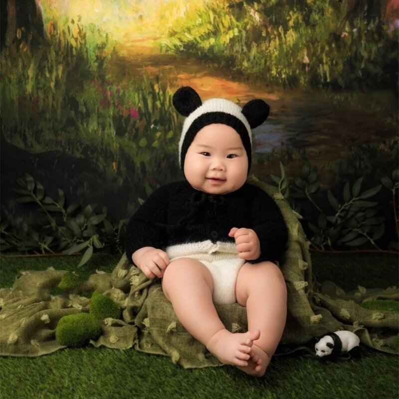 K5DD atrezos para fotografía bebés, mono, sombrero con orejas Panda, accesorios para fiesta ducha infantil