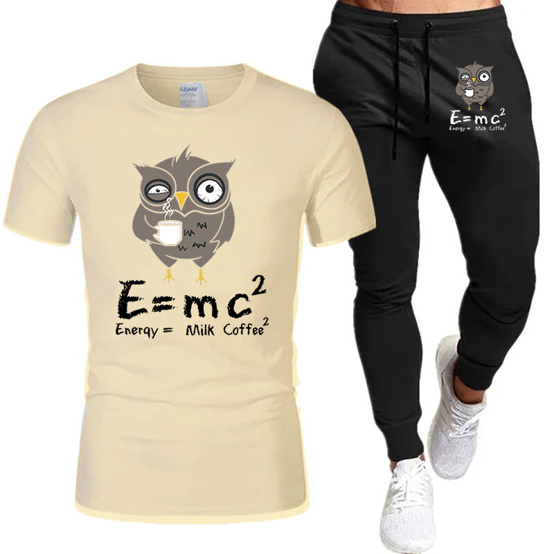 E MC2 Energy Milk Coffee Print Men's T-shirt and Jogging Pants Suit Hip Hop Clothing Casual Tracksuit Summer Men's Tshirts Sets