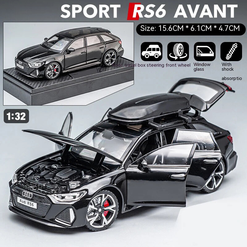 RS6 Black Edition Model Car, personalizado para crianças, Simulação realista, Diecast Metal, Presente perfeito para meninos, 1:32