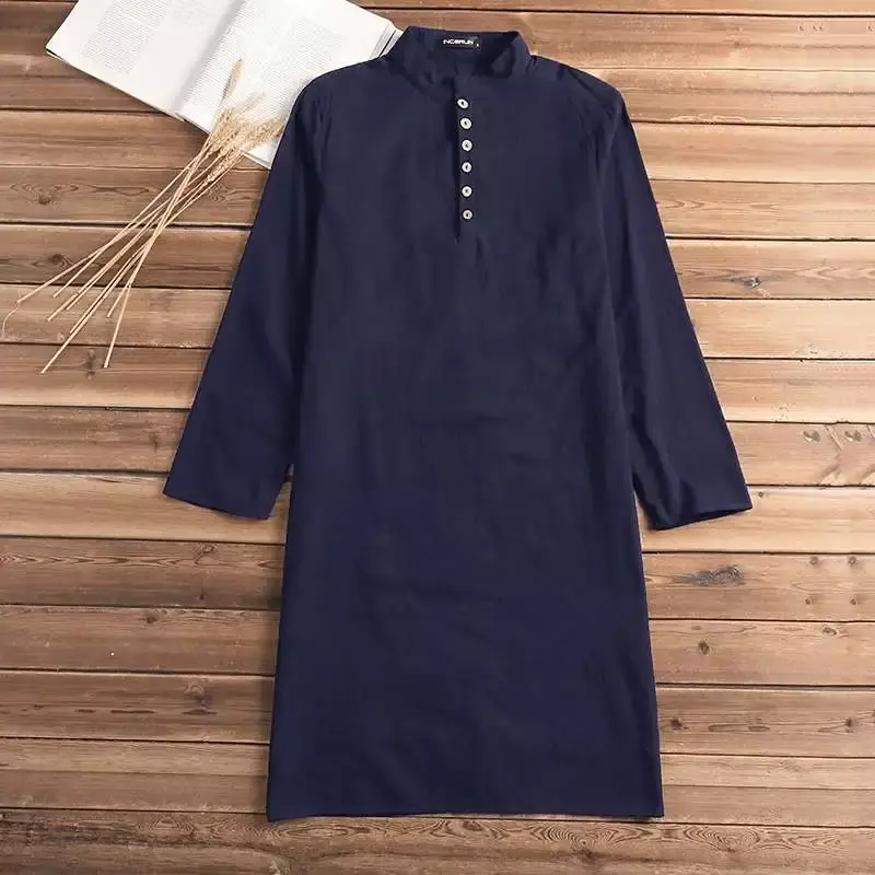 AgreLENMOS Chemise décontractée pour hommes musulmans Chemises à manches longues en coton col montant Vintage Long Y-Indian Vêtements pakistanais Ropa S-5XL