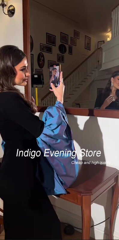 Indigo New Saudi Evening Dresses Taffeta Flare-Sleeves Back-Slit Women Formal Party Simple Elegant Dress 2024 Robe De Soiree