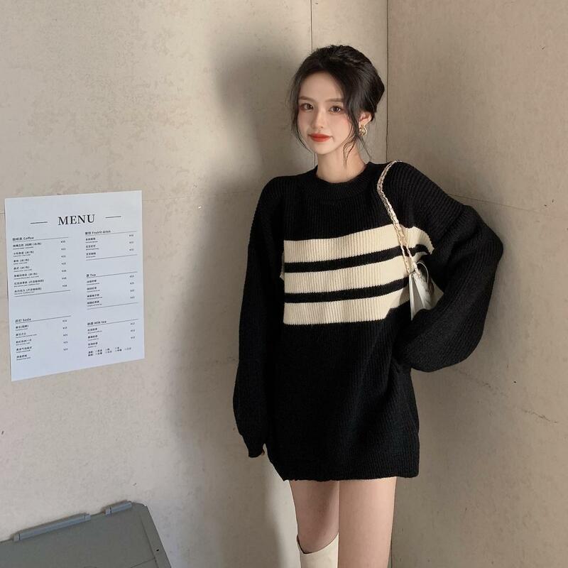 Mulheres suéter coreano preto branco listrado com o pescoço, pulôver solto de malha, simples senhora do escritório moda, outono, inverno, 2023