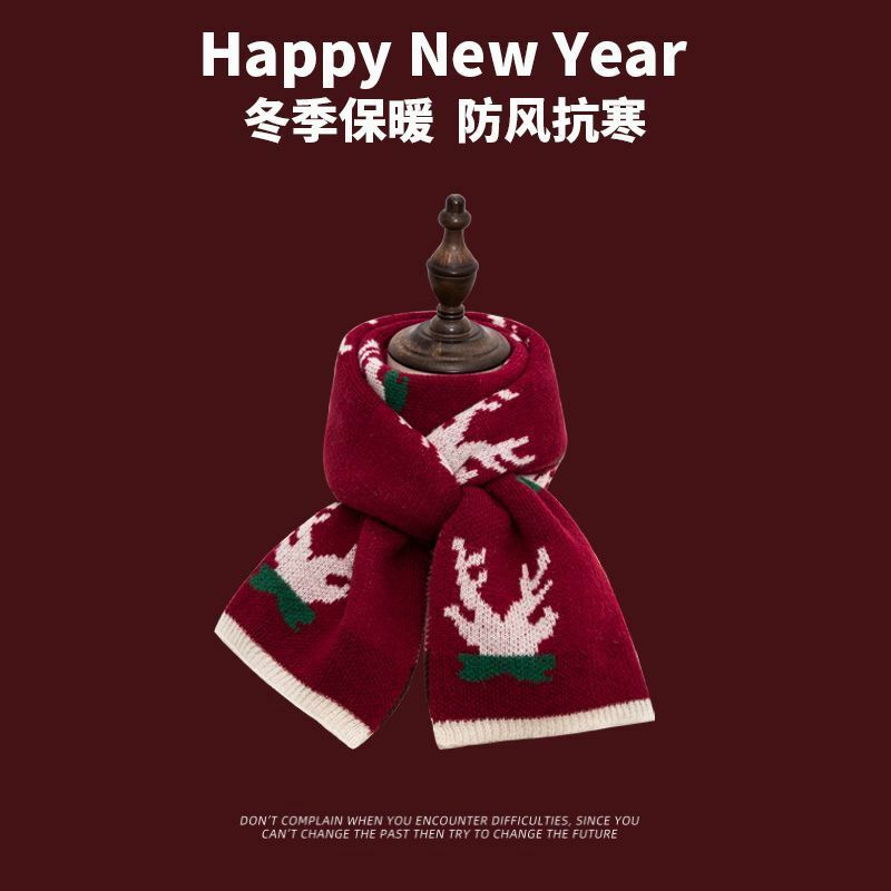 Syal merah hadiah Natal Tahun Baru untuk pria dan wanita syal kotak-kotak Korea hangat wol rajut musim dingin serbaguna gratis pengiriman