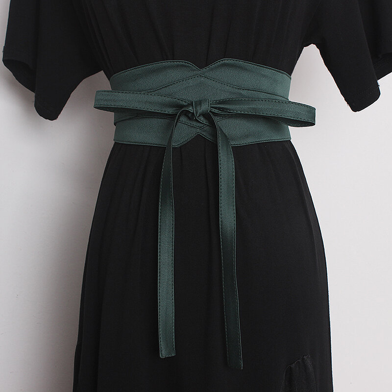 여자의 패션 헝겊 벨트 여자의 넓은 거들 줄무늬 장식 드레스 스커트 셔츠 드레스 여름 블랙 블루 그린 새틴