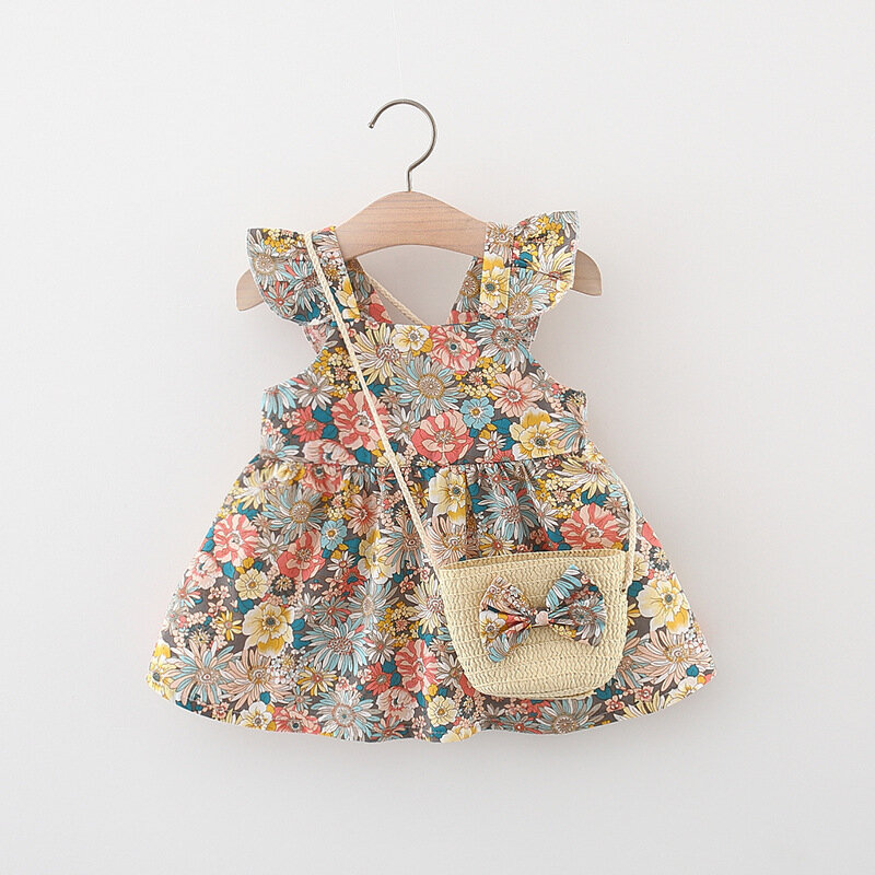 여아용 빈티지 정원 꽃 플라잉 슬리브 드레스, 밀짚 가방 포함, 여름 신상