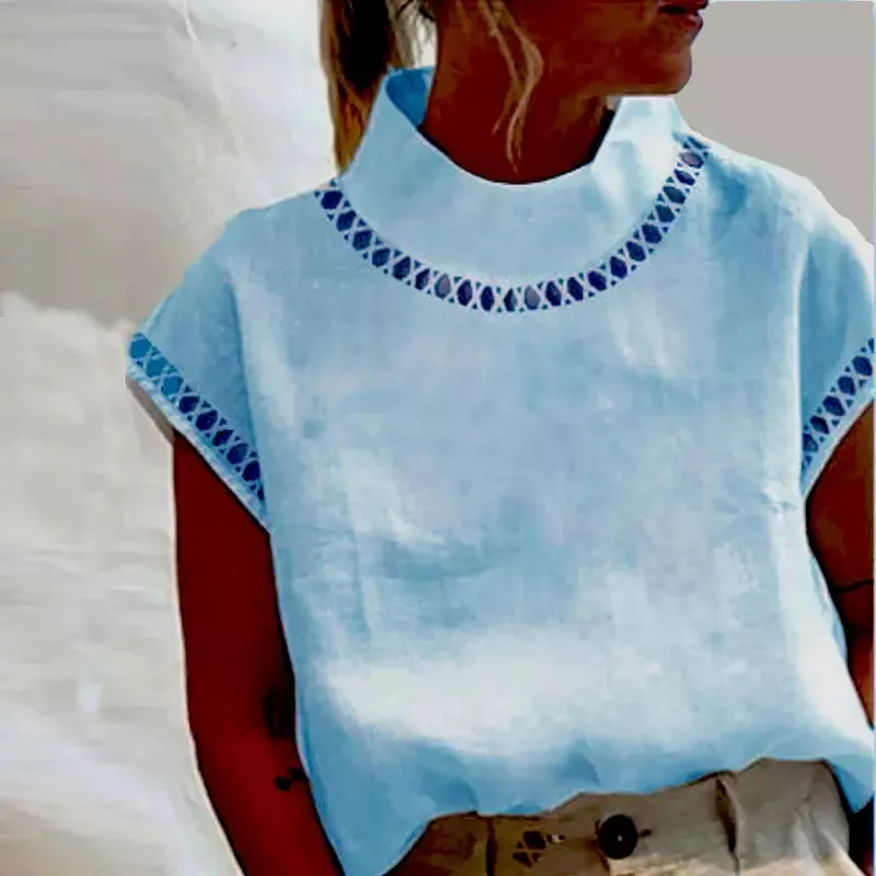 Женская ажурная футболка с воротником-стойкой, летняя однотонная свободная футболка с коротким рукавом, уличная одежда