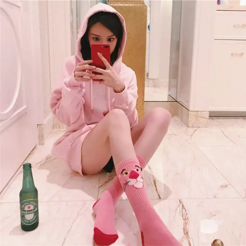 2023 cartoon women's socks Pink leopard head stockings Naughty cotton Ins Fashion pink leopard stockings Personality street