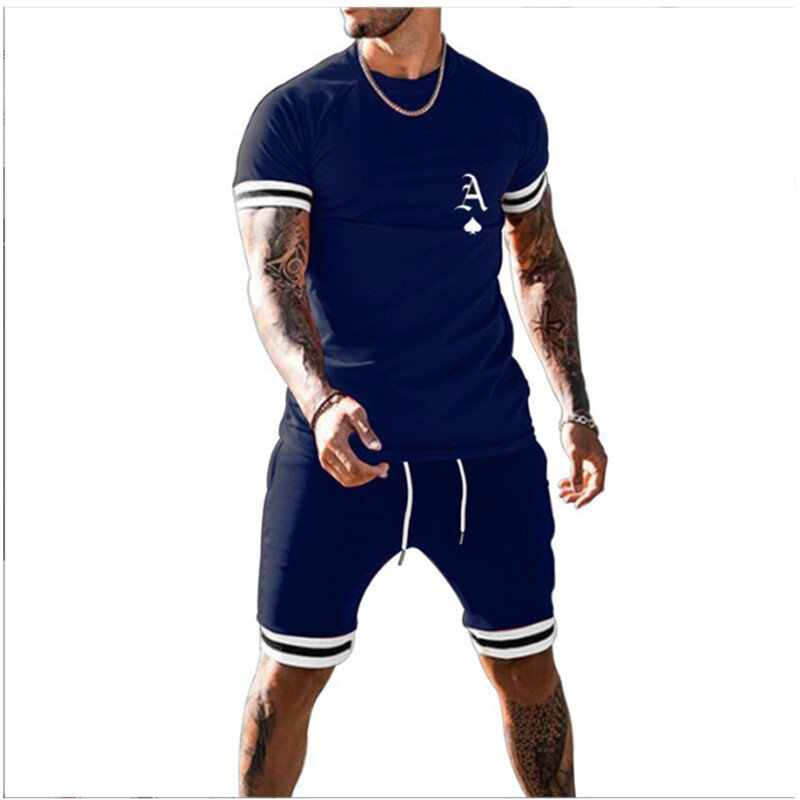 เซ็ตเสื้อยืดแขนสั้นสำหรับผู้ชาย + กางเกงขาสั้นใส่เล่นกีฬาสำหรับผู้ชายชุดกีฬาทรงหลวมพิมพ์ลายคอกลมลำลองใหม่ฤดูร้อน