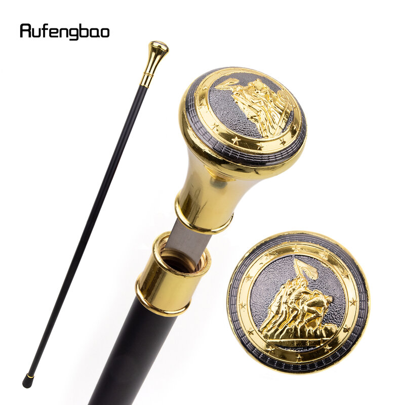 Golden Russia Style Hoise A Flag Single Joint Walking Stick with Hidden Plate Self Defense Cane Plate Cosplay Crosier 93cm