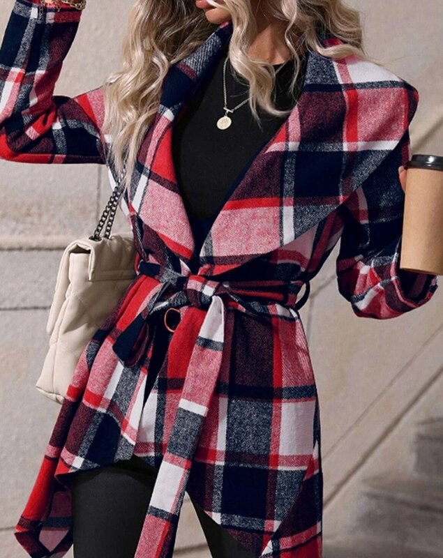 Wełniany damski płaszcz 2023 jesień/zima z długim rękawem wzór w kratkę wiązany detal asymetryczny płaszcz wąska talia Y2K Streetwear