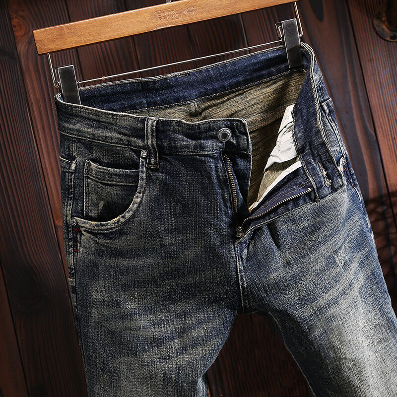Włoski styl modne dżinsy męskie Retro pranie elastyczne Slim Fit porwane jeansy mężczyźni spodnie ze stretchem Vintage Designer spodnie dżinsowe Homme
