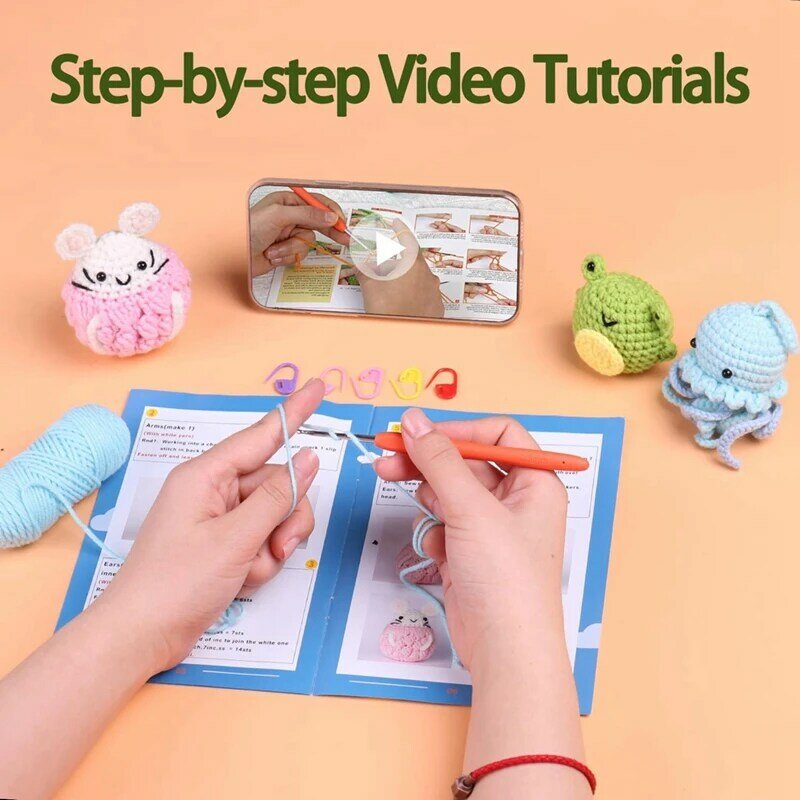 Kit de crochê para iniciantes com vídeo passo-a-passo, Kit animal de crochê, adequado para crianças e adultos, conjunto de 3
