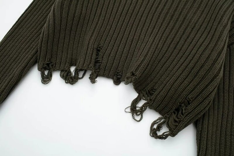 Женский Укороченный трикотажный свитер, винтажный пуловер с длинным рукавом и круглым вырезом, украшенный сломанными дырками, осень