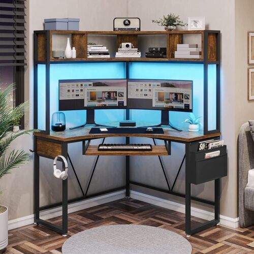 Escritorio esquinero en forma de L de 39 pulgadas para ordenador, mesa de juegos para oficina en casa con luces LED