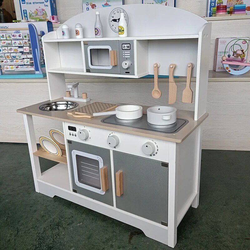 [Funny] Big size 72cm Wooden simulation Kitchen toy set microwave oven Japanese kitchen Play house toys for girl birthday gift