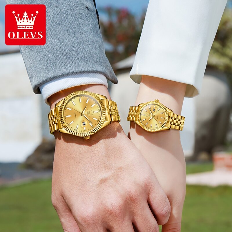 OLEVS 커플 시계 골드 스테인레스 스틸 스트랩 쿼츠 시계, 그와 그녀의 달력, 로맨틱 연인, 오리지널 럭셔리, 남녀