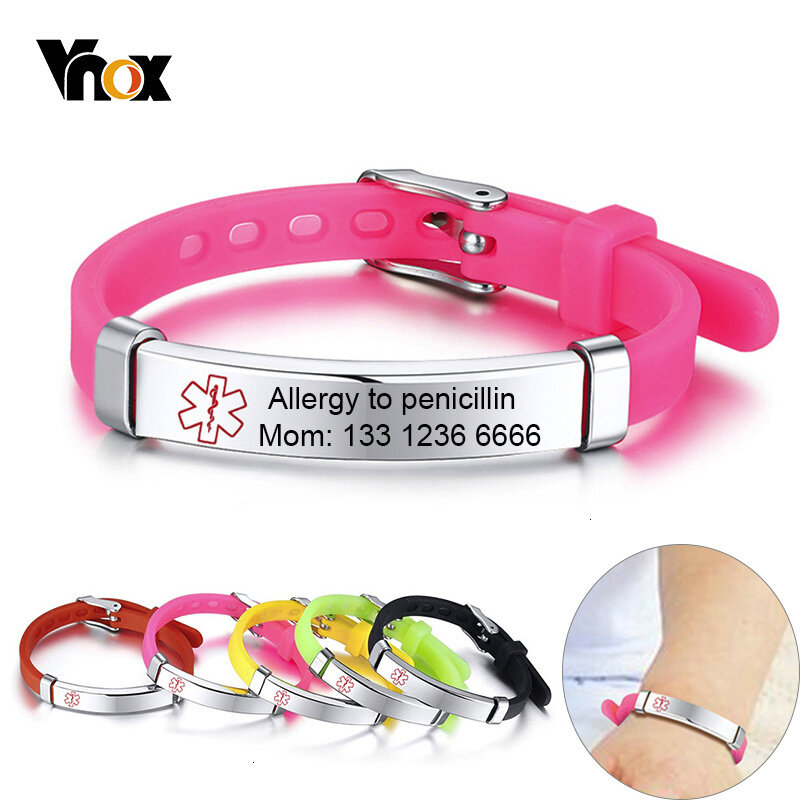 Pulseira infantil de aço inoxidável vnox, braceletes de alerta de identificação para meninos e meninas, bracelete de silicone anti-alergia para personalizar informações de emergência.