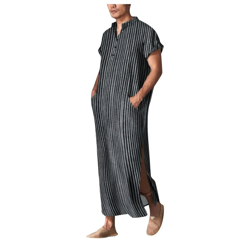 Men's Jubba Thobe Kaftan Muslim Arab Islam Striped Short Sleeve Solid Summer Muslim Thobe Robe Fashion Arabia Man Fashion abaya
