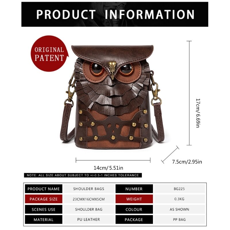 Women PU Leather Bag Owl Crossbody Bag Medieval Shoulder Bag