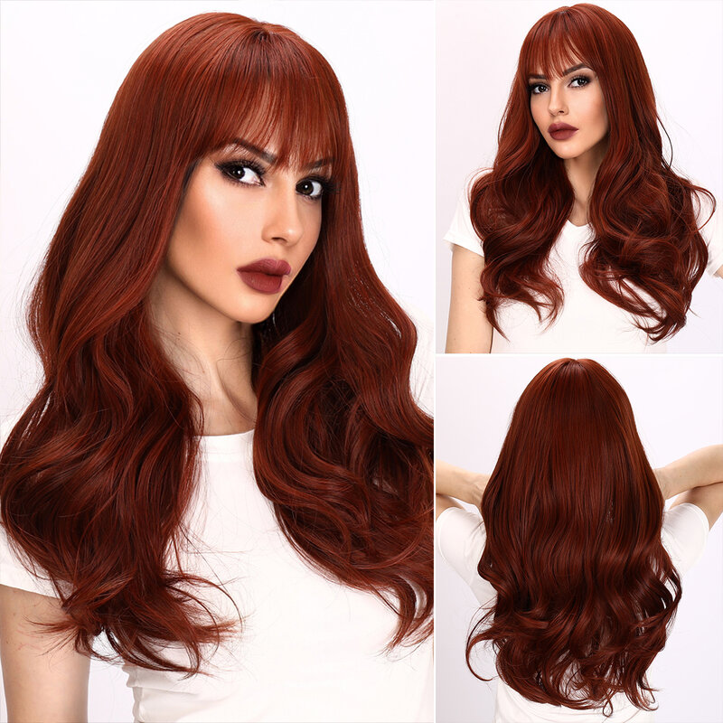 Smilco Fashion Wine Synthetic Long Wavy Wig For Women Daily Cosplay Halloween Curly Wigs Heat Resistant Fiber Bangs Fake Hair