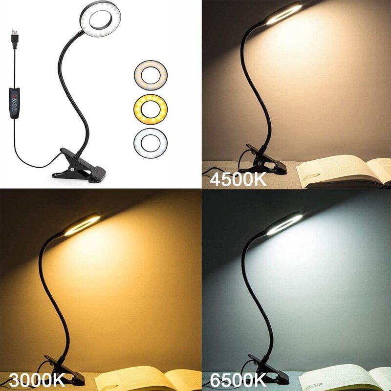 48 LED 데스크 램프 클립 USB 책 라이트 베드 사이드 360 ° 유연한 눈 보호 구세넥 읽기 빛 밝기 조절 3 개