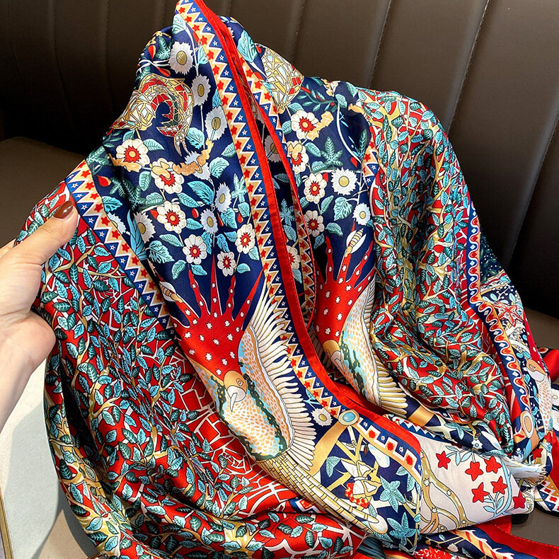 180*90cm syal Satin sutra besar jilbab wanita motif baru musim semi selendang bungkus tangan wanita Foulard Pashmina Travel Echarpe 2022 baru