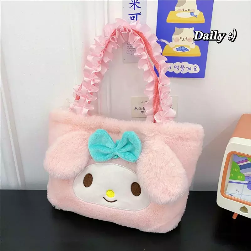 Bolsa de pelúcia Anime Hello Kitty para meninas, Kawaii, Sanrio, Cinnamoroll, Kuromi, melodia, desenhos animados, material macio, ombro, sacos cosméticos, presentes
