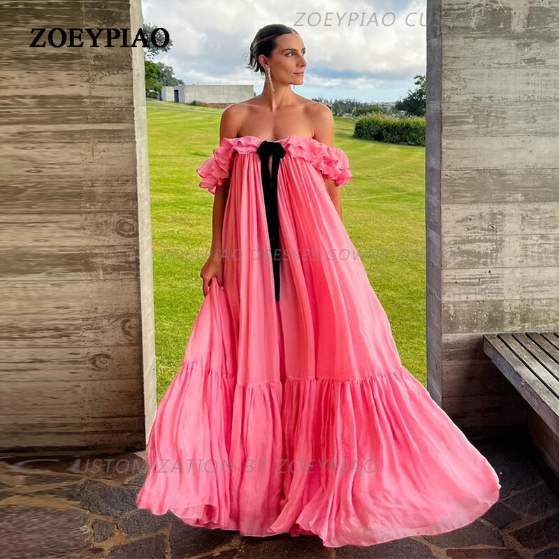 Hot Pink Strapless A Line Evening Dresses With Bow Chiffon Holiday Gowns Floor Length Dinner Party Dress For Women