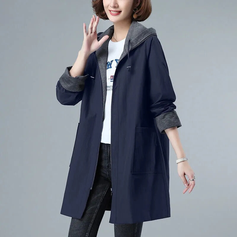 Новинка 2024, весенние пальто, женский плащ на молнии с капюшоном, большой размер, куртка, женский корейский тренчкот, Повседневная ветровка для женщин