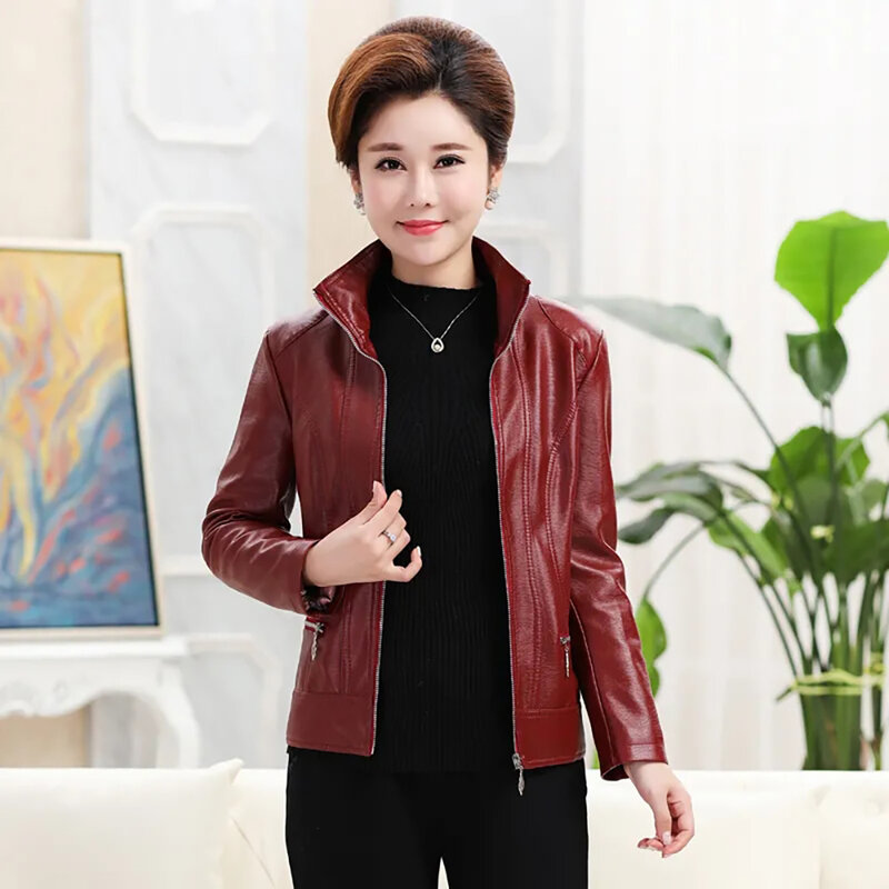 Mantel pendek baru musim semi dan musim gugur jaket kulit kualitas tinggi mode Barat musim dingin wanita paruh baya dan lansia.