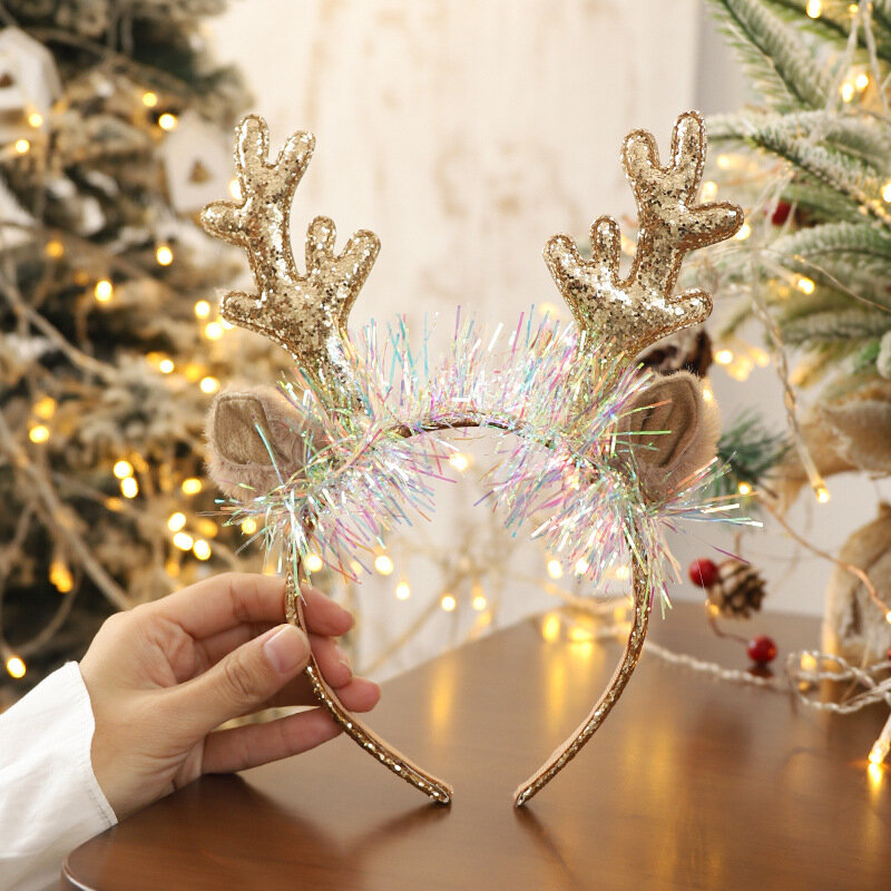 Женская повязка на голову с большими рогами лося, Рождественская повязка на голову с колокольчиком и блестками, реквизит для фотосъемки на Рождество, подарок на Новый год