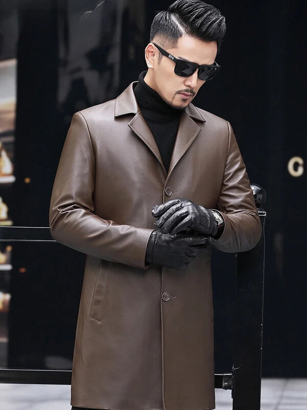 Tcyeek-casaco masculino de pele de carneiro de comprimento médio, jaqueta de couro real, trench coats, jaquetas, roupas da moda, outono e inverno